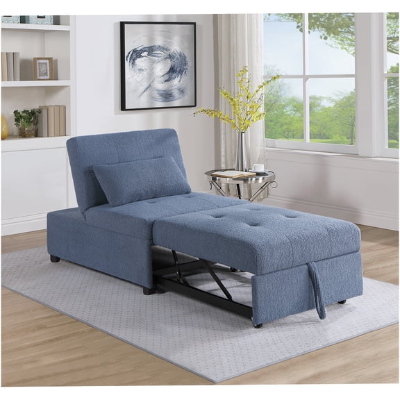 Blue Gray Convertible Sleeper Sofa Chair, Modern Armless Sherpa Fabric Pull-Out Bed Sofa with Accent Pillow
