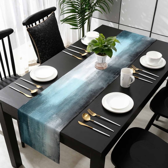 Blue Gray Cotton Linen Table Runner 13 x 70 inch Retro Abstract Gradient Plaid Geometric Art Non-slip Rectangular Dining Table Decor for Wedding Party Holiday Dinner