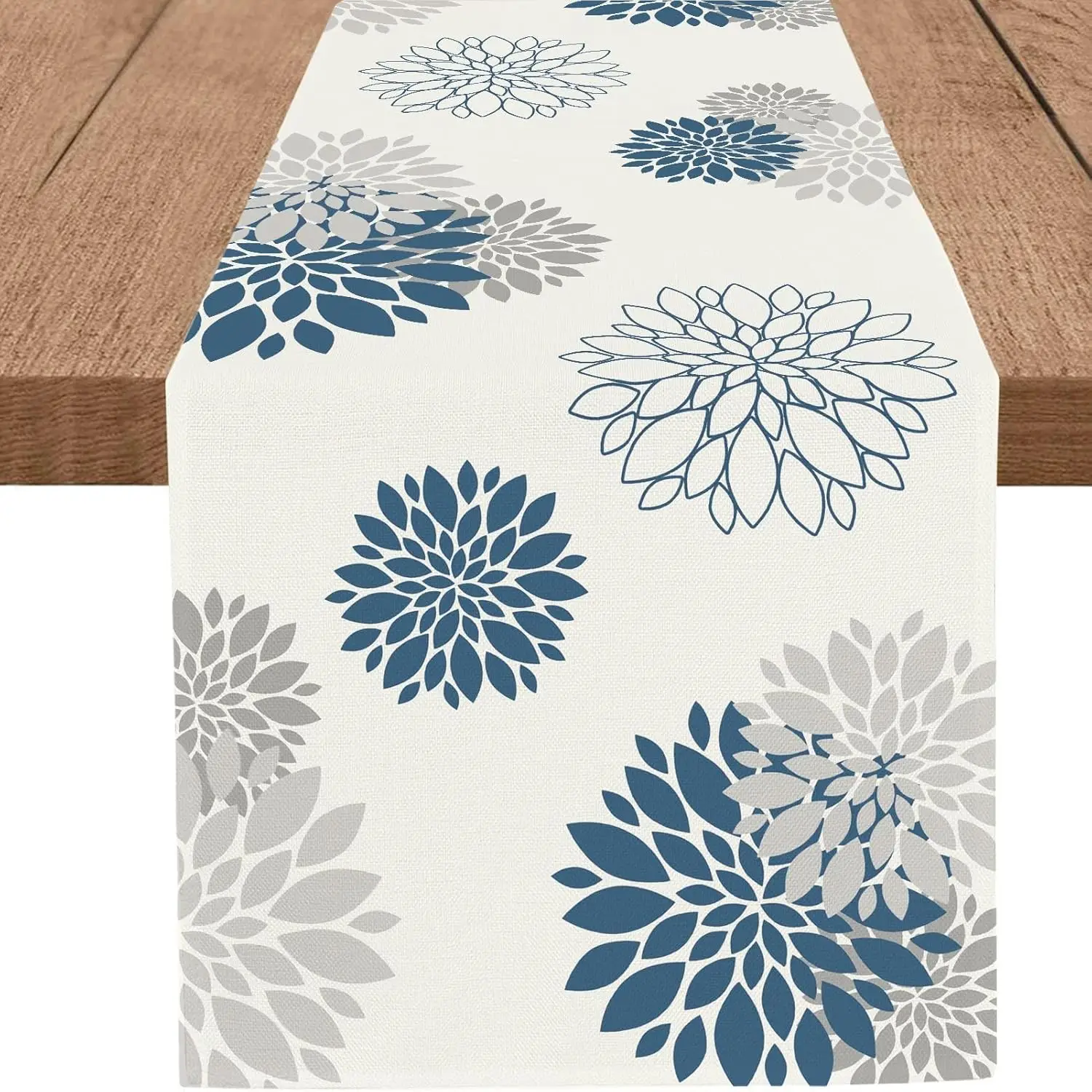Blue Gray Dahlia Flower Linen Table Runners Home Table r Washable ...