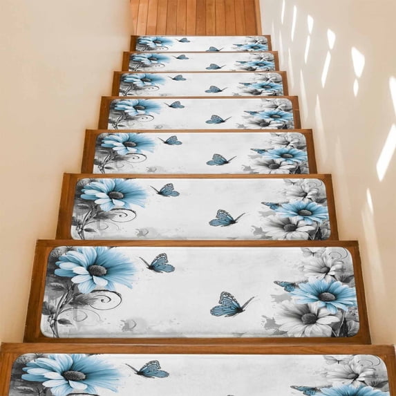 Blue Gray Daisy Butterfly Stair Treads Non Slip for Steps Floral Botanical Watercolor Plant 15 Pcs Reusable Adhesive Stair Runner Mats for Dogs Elders Carpet Treads Rugs for Staircase 8x30 In