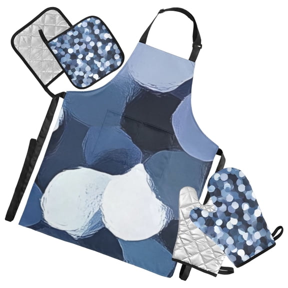 Blue Gray Dots Oven Mitts and Pot Holders with Chef Apron Set 5 Pcs Kitchen Cooking Set