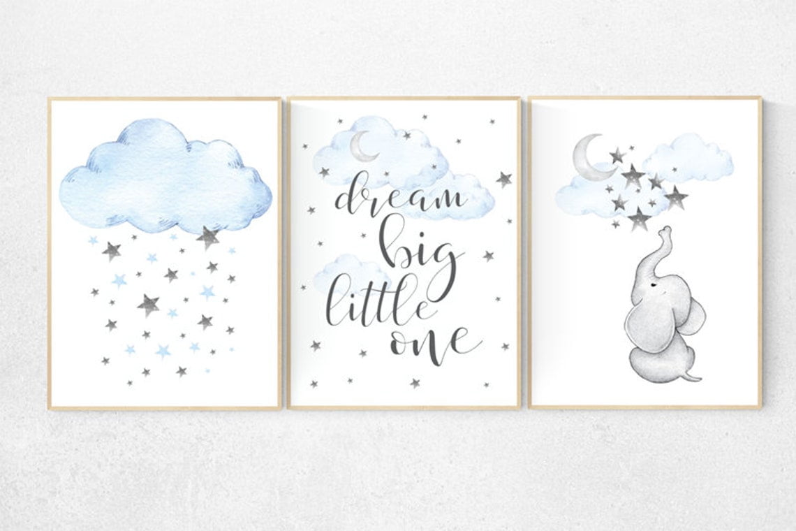Blue Gray Elephant Dream Big Nursery Wall Art Print, Clouds And Stars ...