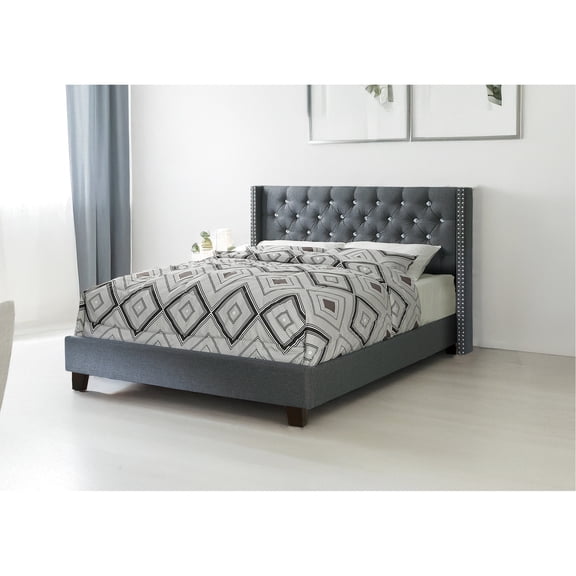 Blue Gray Fabric And Wood Queen Bed, Assembly Required, Box Spring Not Required For This Enticing Bed In Gray, Combined With Wood,