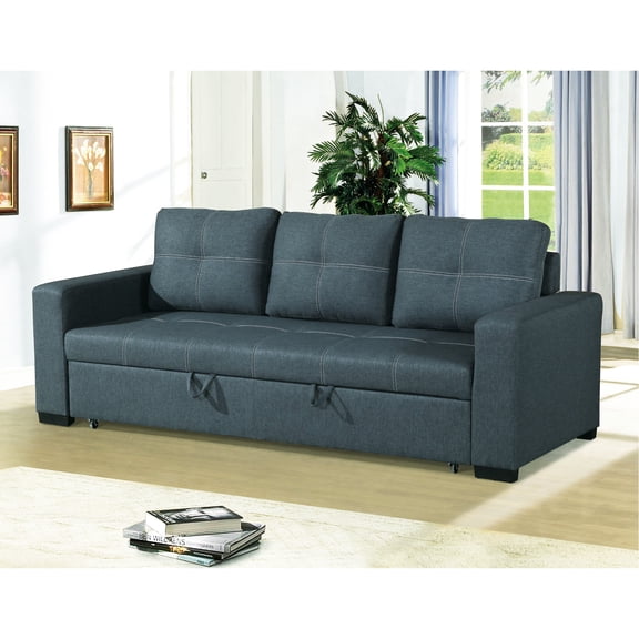 Blue Gray Fabric Convertible With Wood Backing, 85"x32"x33" , 85"x57"x33" Pull-out Bed Stable Frame,