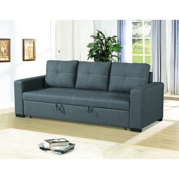 Blue Gray Fabric Convertible With Wood Base, 85"x32"x33" , 85"x57"x33" Pull-out Bed In And Wooden Foundation Frame,
