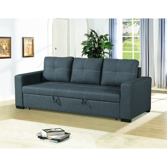 Blue Gray Fabric Convertible , Wood Frame Included, 85"x32"x33" 85"x57"x33" Pull-out Bed In And Wooden Base Frame,