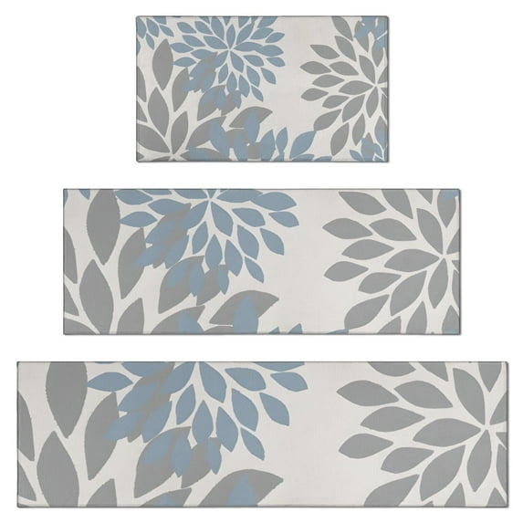 Blue and Gray Floral Pattern Kitchen Rugs Sets Of 3,Kitchen Runner Rugs Non Skid Washable,Decorative Kitchen Floor Mats for Kitchen,Sink,Laundry,17"x30"+ 17"x47" + 17"x59"