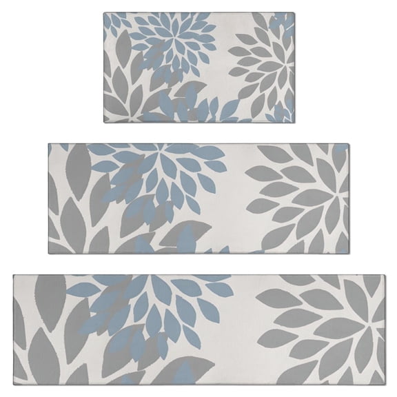 Blue and Gray Floral Pattern Kitchen Rugs Sets Of 3,Kitchen Runner Rugs Non Skid Washable,Decorative Kitchen Floor Mats for Kitchen,Sink,Laundry,17"x30"+ 17"x47" + 17"x59"
