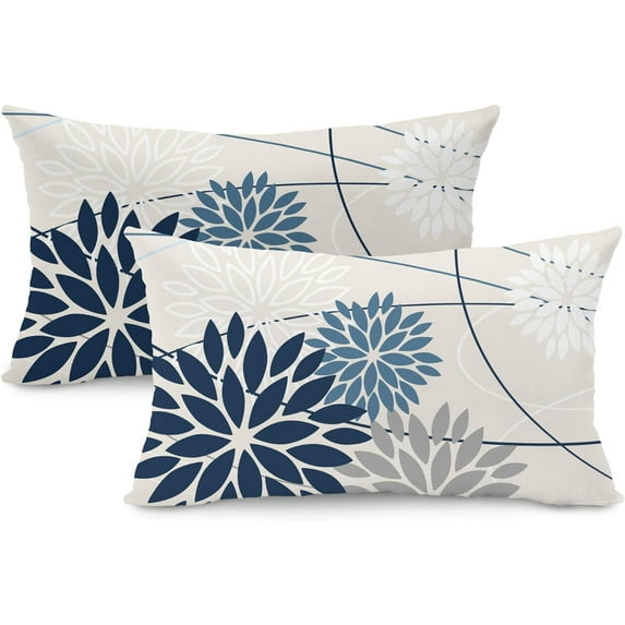 Blue and Gray Floral Pillow Covers 12x20 Set of 2 Outdoor Waterproof White Colored Decorative Throw Pillows Summer Pillowcase Polyester Cushion Case Decor for Couch Patio Funiture Garden Porch 01B