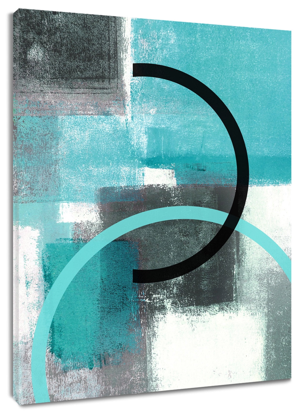 Blue and Gray Geometric Painting Picture Wall Art Abstract Vintage Black Ink Lines Canvas Wall