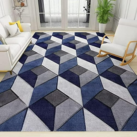 Blue Gray Geometric Texture Area Rug 4'x8' Modern Abstract Minimalism Print Rugs Easy Clean Anti-Slip Rectangle Throw Mat Soft Flannel Carpet for Living Room Bedroom Study