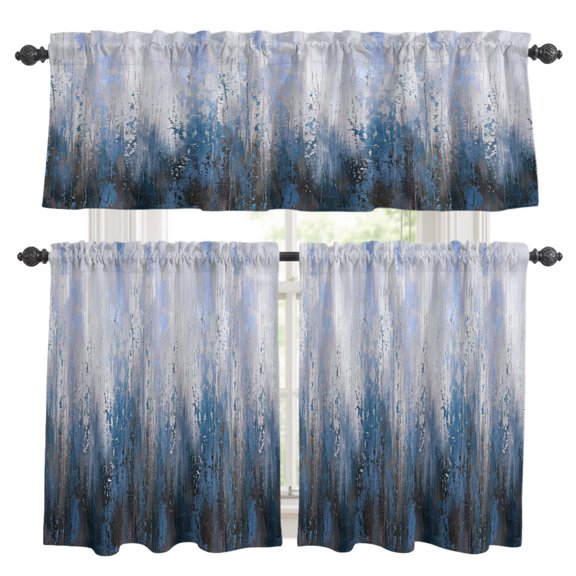 Blue Gray Gradient Kitchen Curtains Valances 3 Piece Set, Modern Abstract Industrial Wall Texture Rod Pocket Tier Curtain and Valance Drapes for Small Window 24 Inch Length for Bedroom Cafe