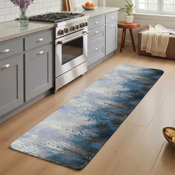 Blue Gray Gradient Washable Runner Rug 3X5 ft Modern Abstract Industrial Wall Texture Non-Slip Hallway Runner Rug, Linen Kitchen Runner Mats, Indoor Floor Carpet for Entryway Bathroom Bedroom