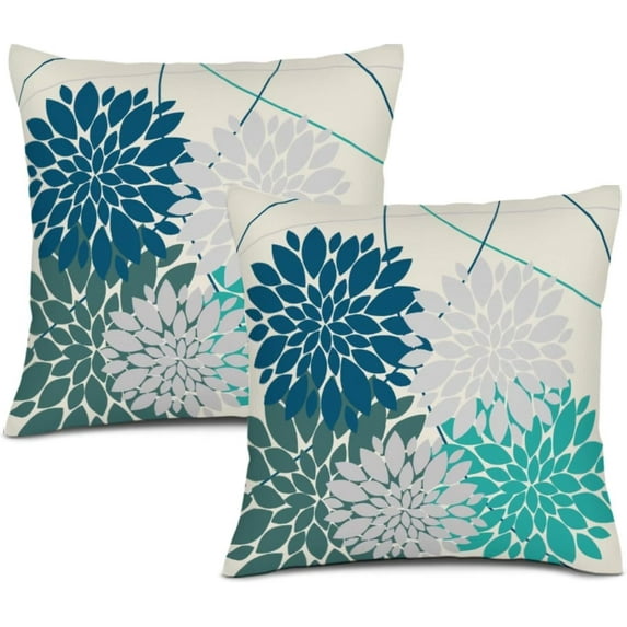 Blue Gray Green Pillow Covers 16x16 Inch Dahlia Flower Print Throw Pillow Covers Outdoor Decor Linen Cushion Case for Home Living Room Sofa Couch Bed, Set of 2