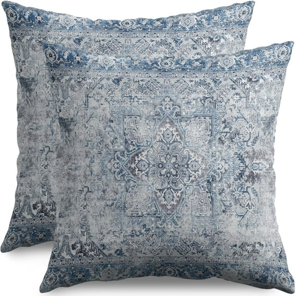 Blue Gray Grey Boho Pillow Covers 18x18 Set of 2 Carpet Design Ethnic Bohemian Floral Pattern Decorative Throw Pillow Cases Outdoor Farmhouse Decoration for Sofa Couch Bed