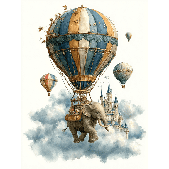 Blue Gray Hot Air Balloon Elephant Canvas Print, Boy Baby Nursery Cloud Star Home Bedroom Wall Decor Art