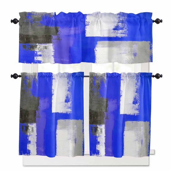 Blue Gray Kitchen Curtains and Valances Set, Graffiti Art Abstract Geometric Color Blocks Modern Rod Pocket Window Valance Window Curtain Panels for Living Room Bedroom Laundry, 27.5x24in, 3 Pieces