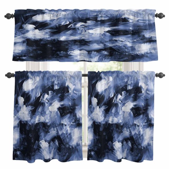 Blue Gray Kitchen Curtains Valances and Tiers Set of 3 Abstract Modern Retro Polypropylene Pigment Taxture Tier Curtains and Valance with Rod Pocket for Small Windows, 27.5"x24"