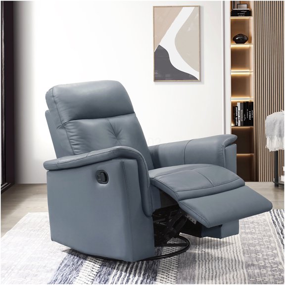 Blue Gray Leather Recliner Chair with Swivel, Glide and Manual Recline for Living Room