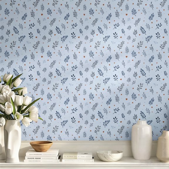 Blue Gray Leaves Orange Floral Minimalist Aesthetic Rustic Peel and Stick Wallpaper Elegant Wall Art Wall Decor Art Print Home Wall Decoration for Bedroom Living Room Bathroom Apartment