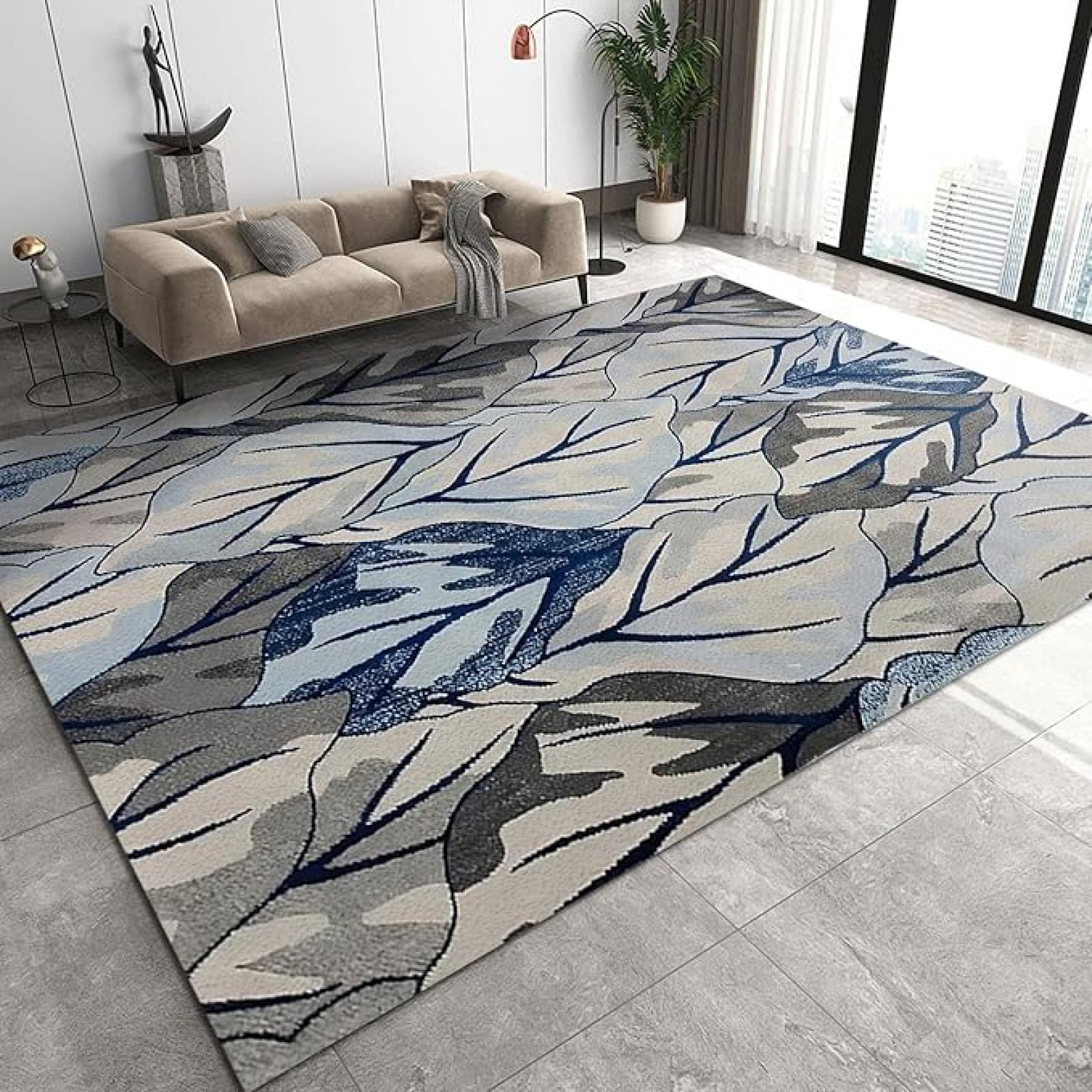 Blue Gray Leaves Texture Area Rug, Vintage Boho European Style Outdoor ...