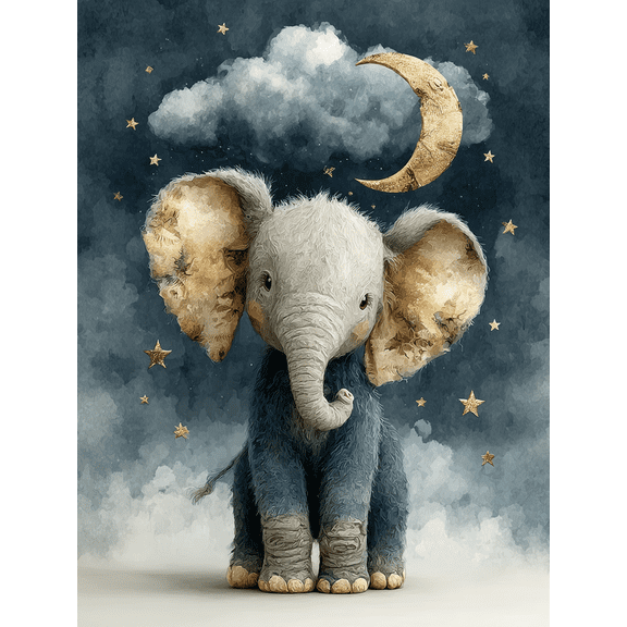Blue Gray Moon Star Elephant Canvas Print, Boy Nursery Cloud Themed Baby Room Home Wall Decor Art