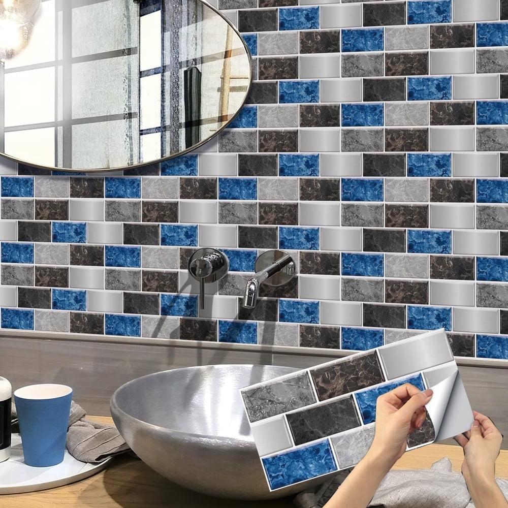 FUDAKUNA 6 Sheet Peel and Stick Tiles Stickers Blue Gray Mosaic Brick Vinyl Wallpaper 11.8x5.9inch Self Adhesive Removable Wall Sticker