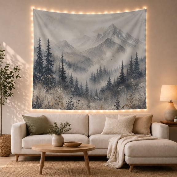 Blue Gray Mountain Peak Above Misty Evergreen Forest, Serene Rustic Art for Nature Lovers, Alpine Decor, Housewarming Gift, Tapestry Wall Hanging for Bedroom and Study Room