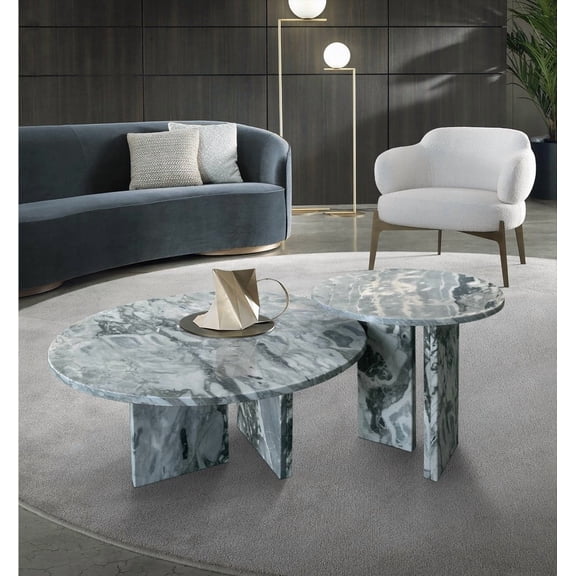 Blue Gray Natural Marble Coffee Table Set - Small, Living Room, Polished Surface