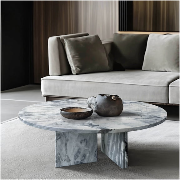 Blue Gray Natural Marble Coffee Table with Metal Base, Round Modern Living Room Accent Table, Real Stone Centerpiece for Stylish Interiors
