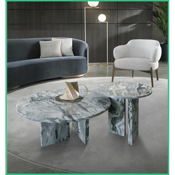 Blue Gray Natural Marble Nesting Coffee Table Set for Living Room, Unique Veining & Easy Setup