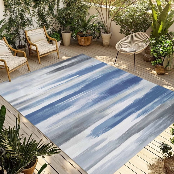 Blue Gray Outdoor Rug 4x6 Ft - Reversible Patio Rug Outdoor Camping Rugs, Modern Simple Abstract White Ombre Texture Washable Indoor Outdoor Area Rugs, Non-Slip Outdoor Carpet Runner for Deck/Porch