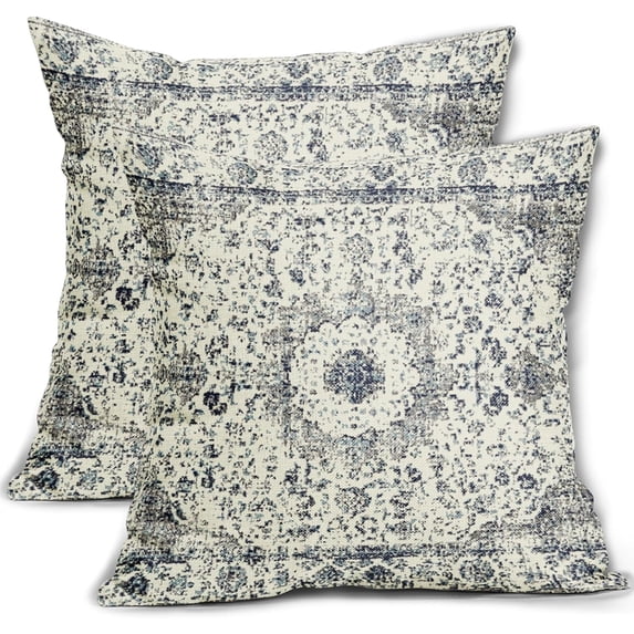 Blue Gray Pillow Covers 16x16 Set of 2 Boho Ethnic Carpet Grey Cream Print Rustic Decorative Throw Pillows Bohemian Design Outdoor PillowCase Linen Farmhouse Cushion Covers Decor for Couch Sofa Bed
