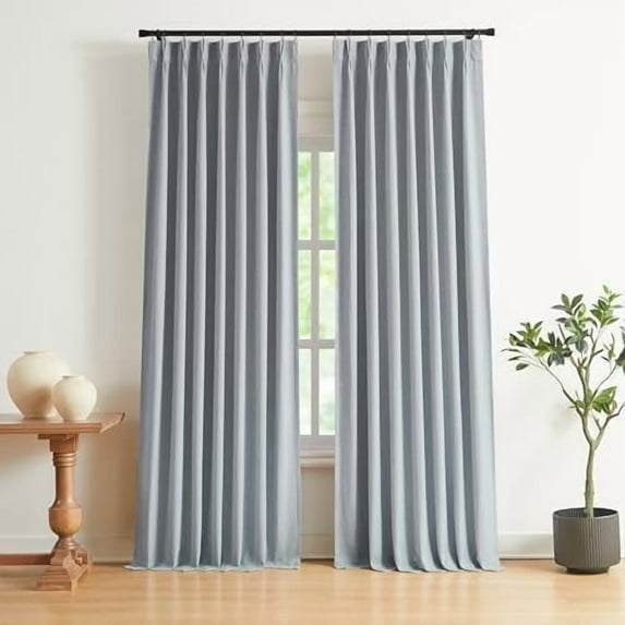 Blue Gray Pinch Pleated Full Blackout Curtains Linen Blended Room Darkening Window Curtains 108 inch for Living Room Bedroom Thermal Insulated Pinch Pleat Drapes with Hooks 40" Wx108 Lx2
