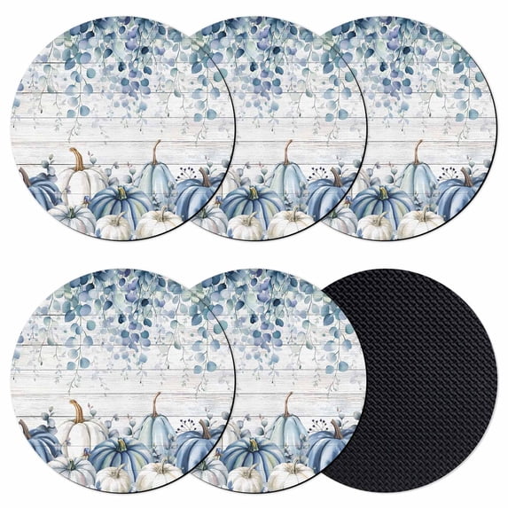 Blue Gray Pumpkins Fall Coasters Set of 6, Absorbent Coasters for Drinks, Thanksgiving Eucalyptus Leaves Coaster for Desk Coffee Table Protection, Home Decor House Warming Gifts 4"