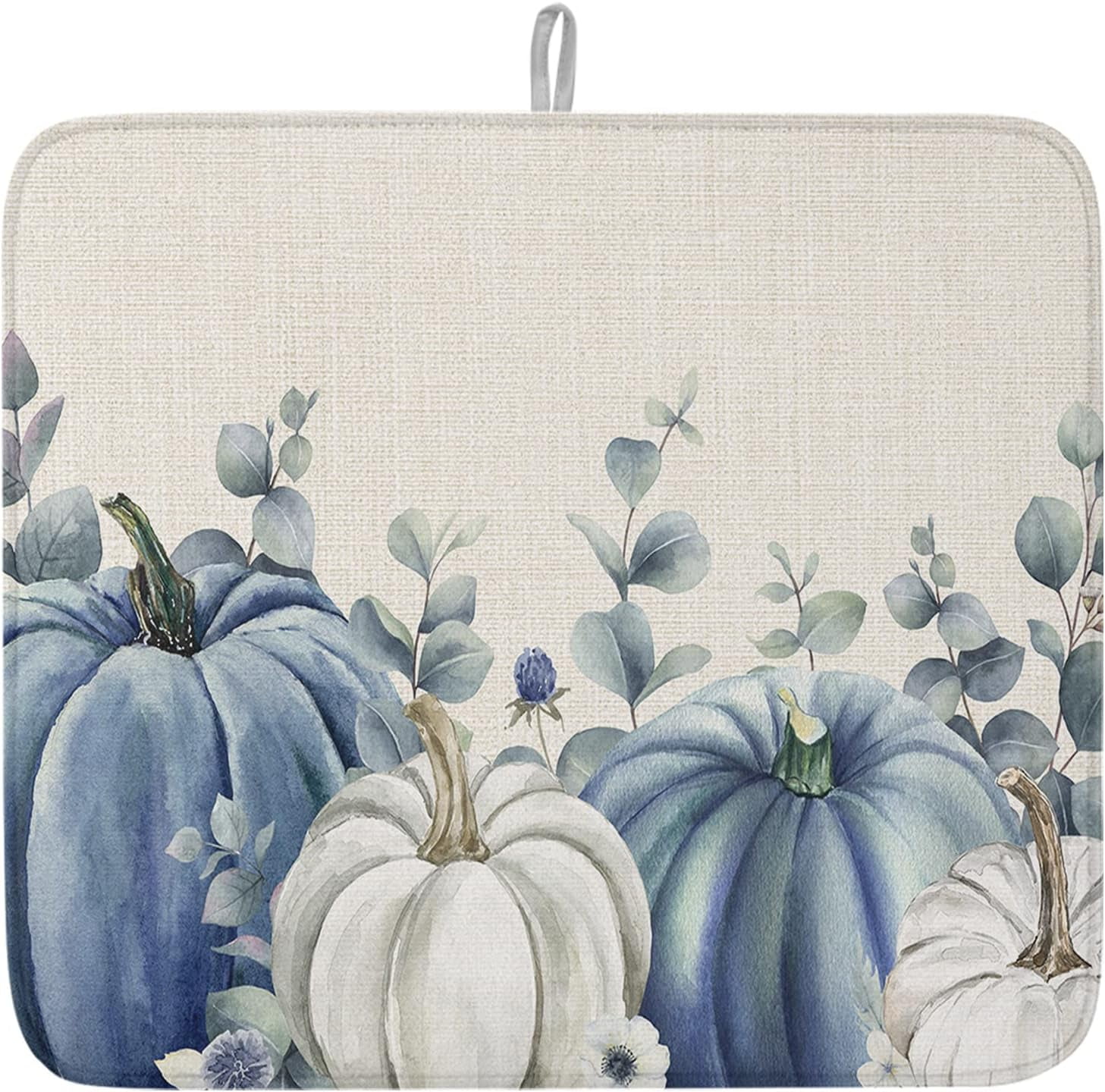 Blue Gray Pumpkins Fall Dish Drying Mat for Kitchen Counter, Thanksgiving Eucalyptus Leaves Baby Bottle Microfiber Drying Pad, Rustic Botanical Absorbent Coffee Cup Dishes Drainer Mats 18"x24", 1 Pcs