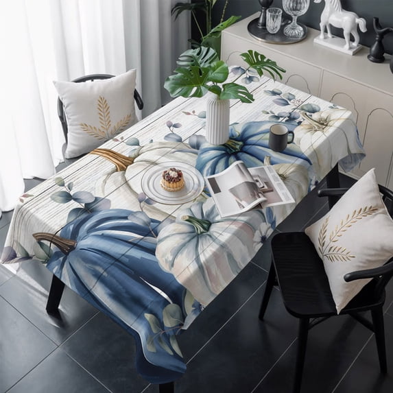 Blue Gray Pumpkins Fall Table Cloth Waterproof Tablecloths, Thanksgiving Eucalyptus Leaves Tablecloth Dining Table Cover for Kitchen Party Tabletop Outdoor, Rectangle Tablecloth 60x120 Inch