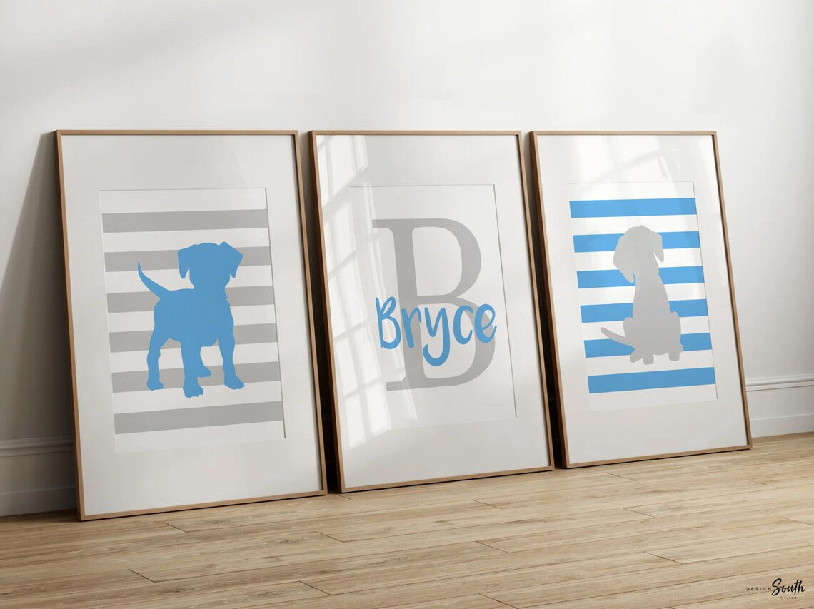 Blue Gray Puppy Monogram Wall Art Prints, Boys Dog Nursery Decor ...