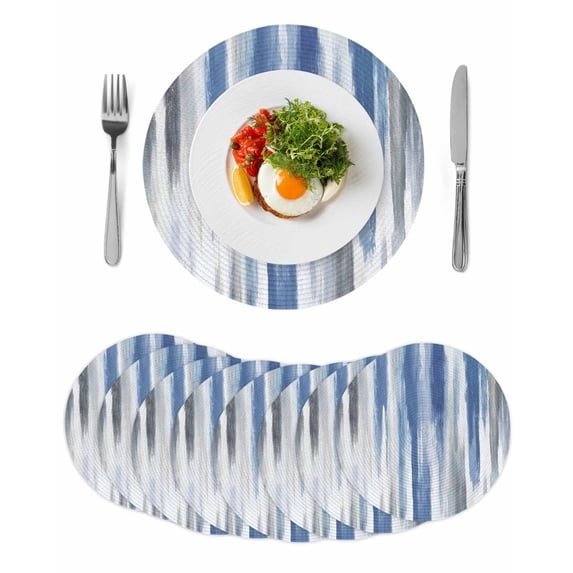 Blue Gray Round 15 Inch Placemats Set of 8, Modern Simple Abstract White Ombre Texture HeatResistant Non Slip Place Mats for Dining Table, Wipeable Braided Kitchen Table Mats for Housewarming