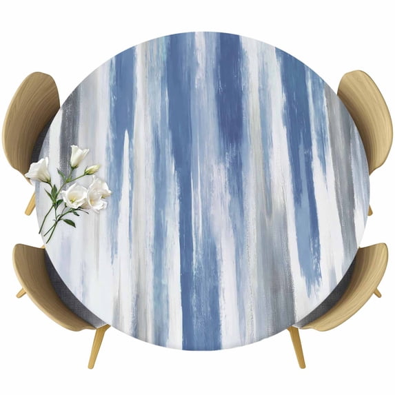 Blue Gray Round Tablecloth, Fitted Table Cover with Elastic for 36"-44" Round Tables, Modern Simple Abstract White Ombre Texture Table Cloth Outdoor Indoor Dinning Party Waterproof Tablecloths