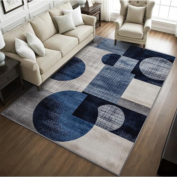 Blue and Gray Rugs for Living Room -Geometric Rug, Navy and Gray Area Rugs for Bedroom, Modern Contemporary Washable Carpet for Entryway, Kitchen, Geometric Home Decor & Gifts 2 x 3ft