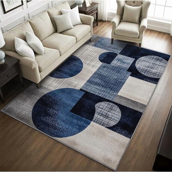Blue and Gray Rugs for Living Room -Geometric Rug, Navy and Gray Area Rugs for Bedroom, Modern Contemporary Washable Carpet for Entryway, Kitchen, Geometric Home Decor & Gifts 5 x 7ft
