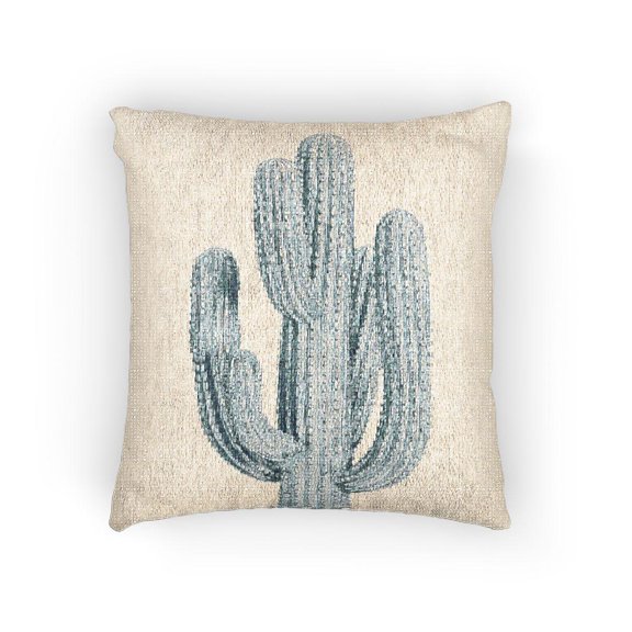 Blue-Gray Saguaro Cactus Decorative Woven Pillow, Cotton-Polyester Shell, Southwestern Desert Accent