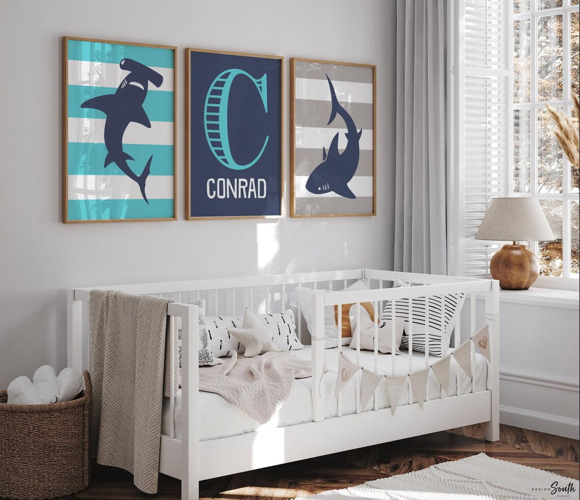 Shark Project Drawings Blue Gray Shark Monogram Wall Art Prints, Boys Nursery Decor - Walmart.com