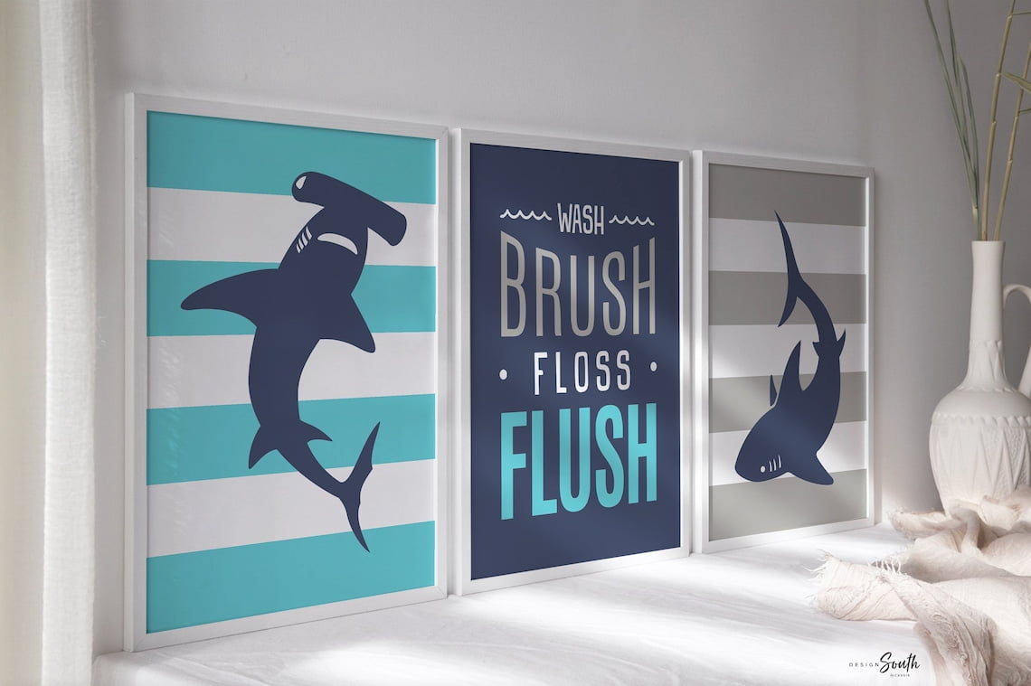 Shark Project Drawings Blue Gray Shark Wall Art Prints, Coastal Boys Bathroom Decor - Walmart.com