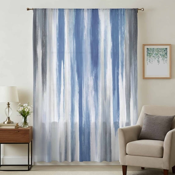 Blue Gray Sheer Curtains 45 Inches Long, Modern Simple Abstract White Ombre Texture Light Filering Curtains, Breathable Simi Curtain Privacy Drapes for Kitchen Bathroom Small Window Treatment