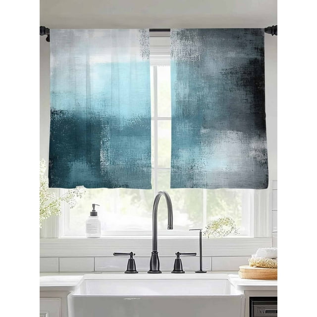 Blue Gray Sheer Curtains for Living Room Bedroom Retro Abstract