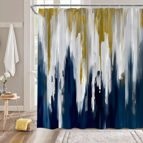 Blue Gray Shower Curtain Navy Blue Gold Burnt Abstract Brushstrokes Painting Modern Art Fabric Bathroom Curtain Sets with Hooks