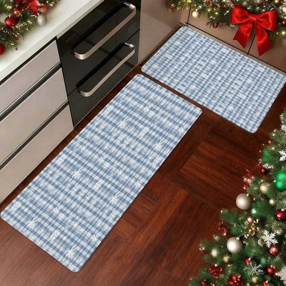 Blue Gray Snowflake Kitchen Mat Set of 2, Non Slip Rubber Backing Absorbent Kitchen Rugs 17"x28" and 17"x48", Washable Low Profile Runner Rug for Kitchen Sink Laundry Room, Winter Decor