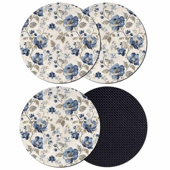 Blue Gray Spring Floral Coasters Set of 4, Vintage Botanical Absorbent Coasters for Drinks, Coaster for Bar Office Dining Coffee Table Accessories Decor, Non Slip Round Desk Coaster